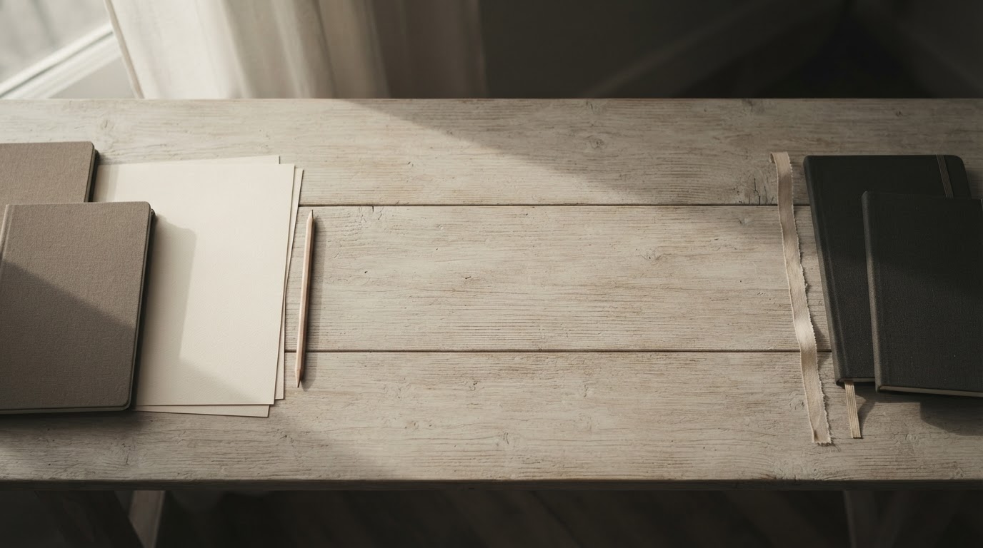 Mesa de trabalho com cadernos, folhas e um lápis, sob luz de janela